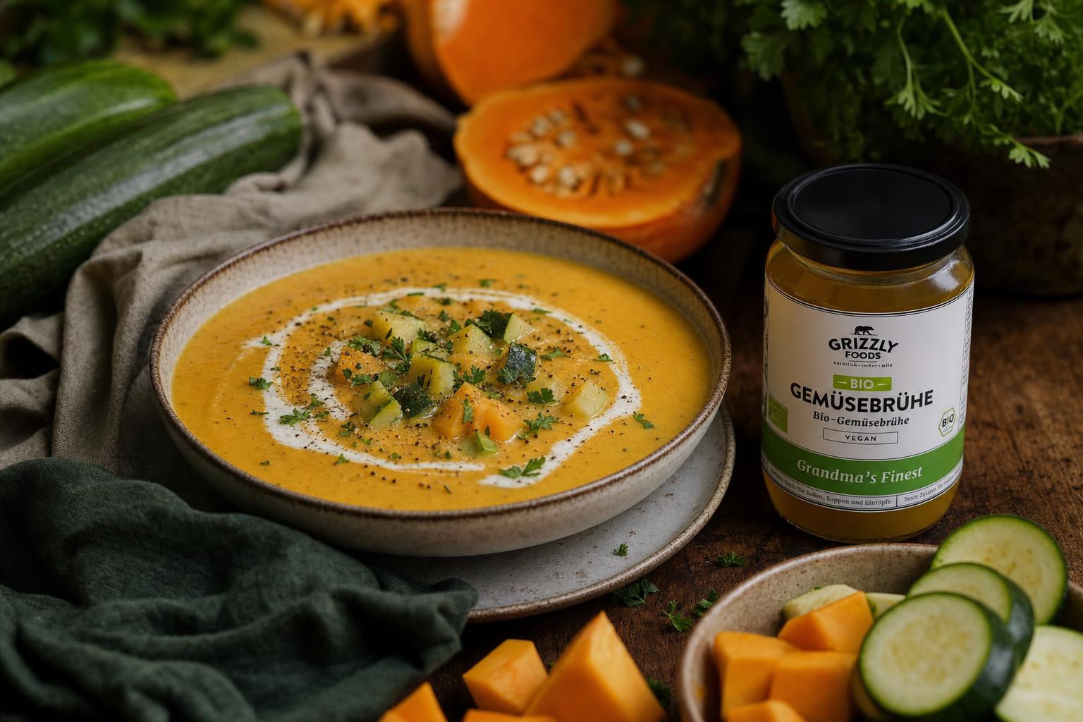 Cremige Suppe aus Kürbis, Zucchini und Kartoffeln in einer Schale, garniert mit frischer Petersilie.