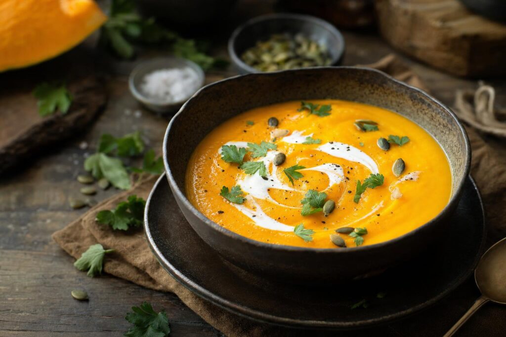 Cremige orange Kürbissuppe in einer Schale, garniert mit Sahne und frischer Petersilie, auf einem rustikalen Holztisch serviert.