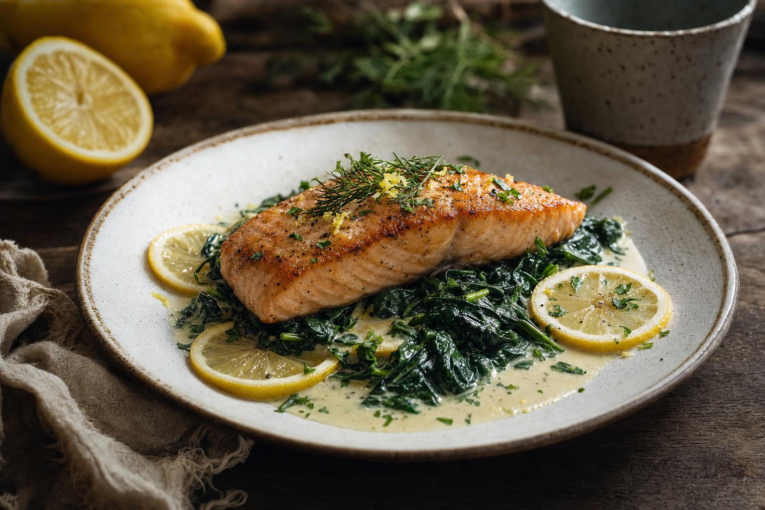 Gebratener Lachs auf einem Bett aus Spinat mit Zitronenscheiben, Kräutern und einer hellen Sauce, serviert auf einem weißen Teller.