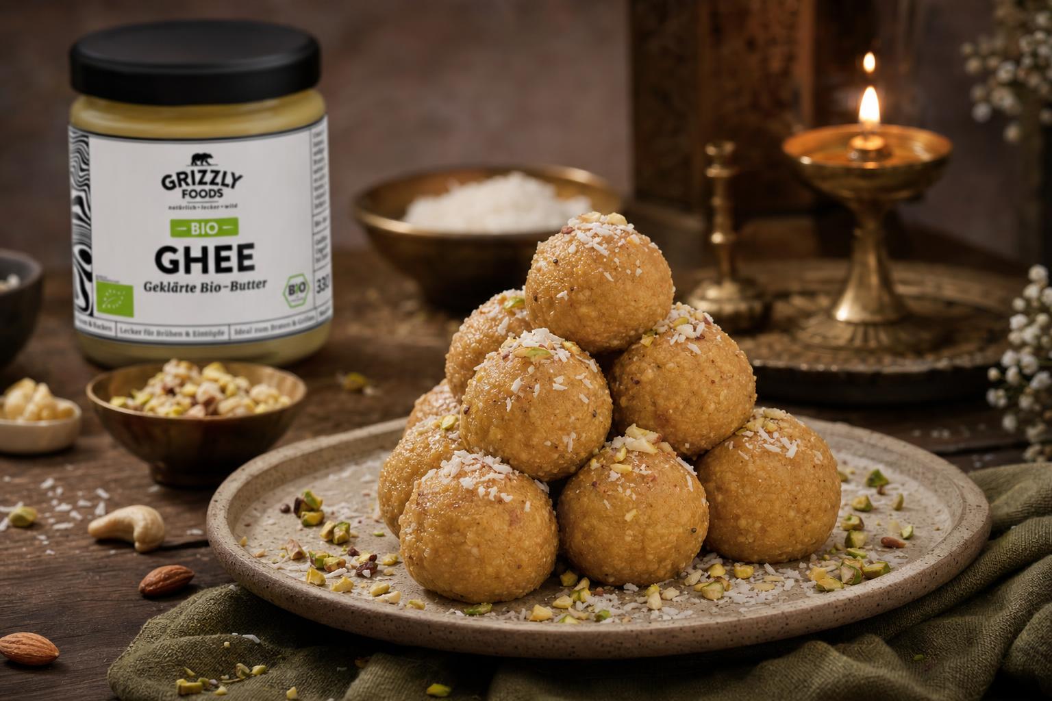 Goldene, runde Laddus auf einem Teller, mit Kokosraspeln und Nüssen bestreut, pyramidenförmig angerichtet, im Hintergrund eine Öllampe.