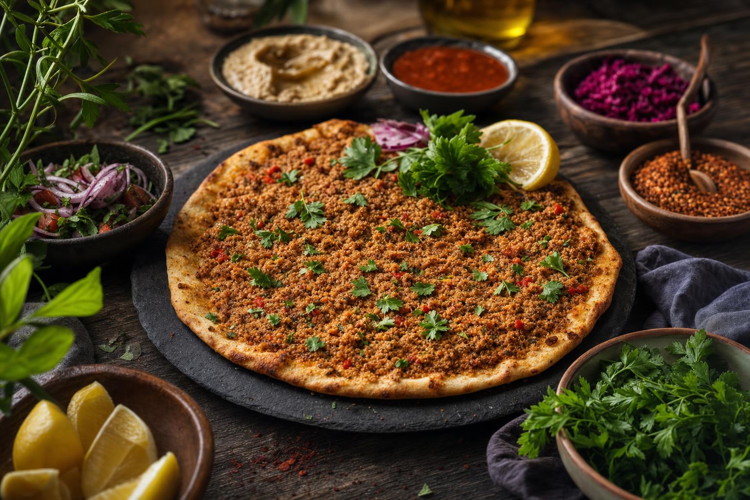 Veganer Lahmacun mit würzigem pflanzlichem Hack, frischen Kräutern und bunten Dips auf dunklem Brett, umgeben von Kerzen und Gemüse.