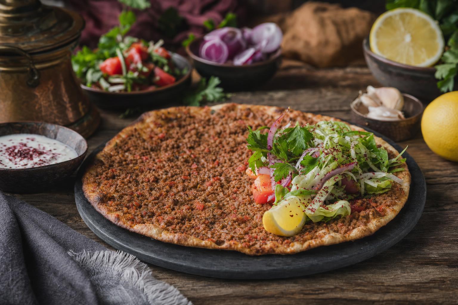 Frisch gebackener Lahmacun mit würziger Hackfleischfüllung auf dunklem Teller, umgeben von Zitronen, Kräutern und kleinen Schälchen.