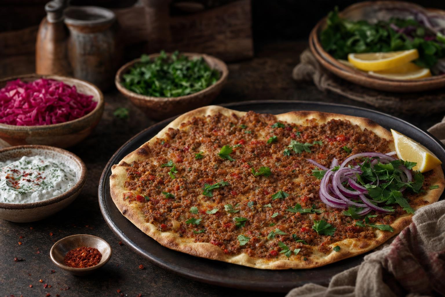 Dünner, knuspriger Lahmacun mit würzigem Hackfleisch, frischen Kräutern und Beilagen auf einem Holzbrett angerichtet.
