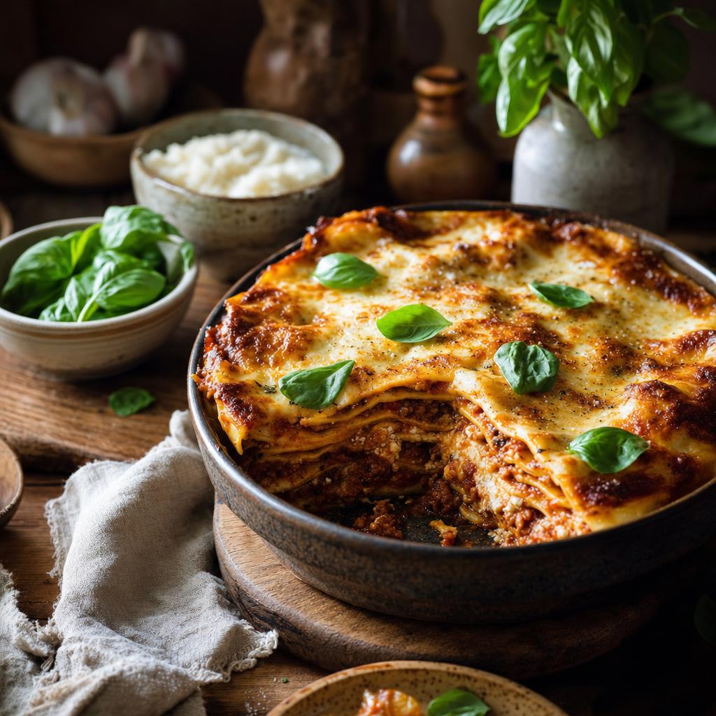 Frisch gebackene Lasagne mit goldbrauner Käsekruste und Basilikum in einer runden Auflaufform auf Holzbrett, Zutaten im Hintergrund.