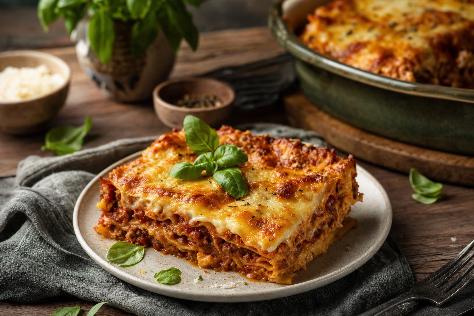 Frisch gebackene Lasagne mit goldbrauner Käsekruste in einer runden Form, garniert mit Basilikum, Tomatensauce am Rand sichtbar.