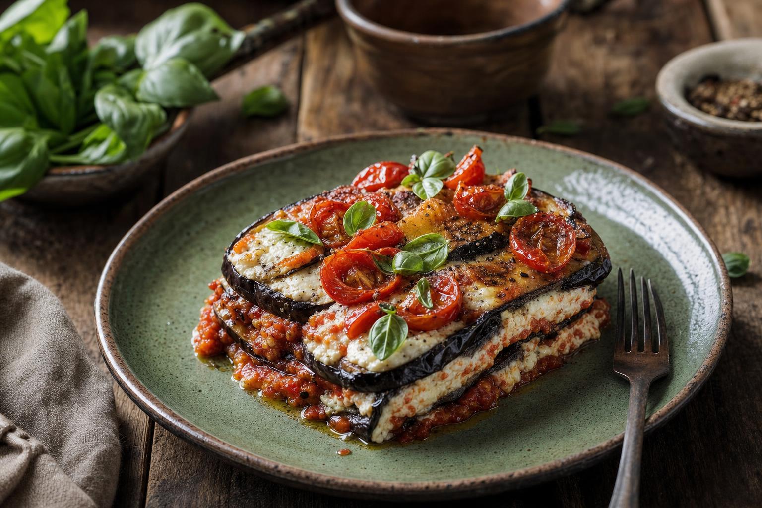 Low-Carb-Lasagne mit dicken Auberginenscheiben, Ricotta, Tomatensauce, gerösteten Kirschtomaten und frischen Kräutern auf grünem Teller