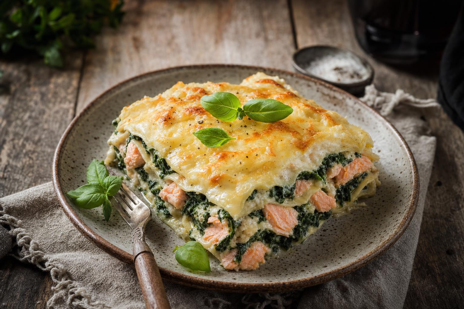 Stück Lachs-Spinat-Lasagne mit goldbrauner Käsekruste, garniert mit frischem Basilikum auf rustikalem Teller, Holztisch im Hintergrund