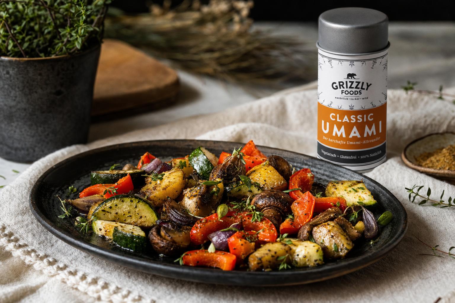 Buntes Ofengemüse mit Zucchini, Champignons und Paprika auf dunklem Teller, daneben eine Gabel auf weißem Tuch.