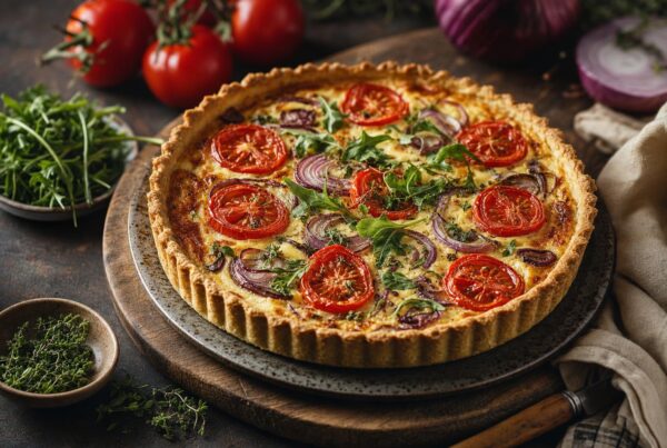 Frisch gebackene Quiche mit goldbrauner Kruste, Tomatenscheiben, Zwiebeln und Blattgrün auf Holzbrett, umgeben von frischem Gemüse.