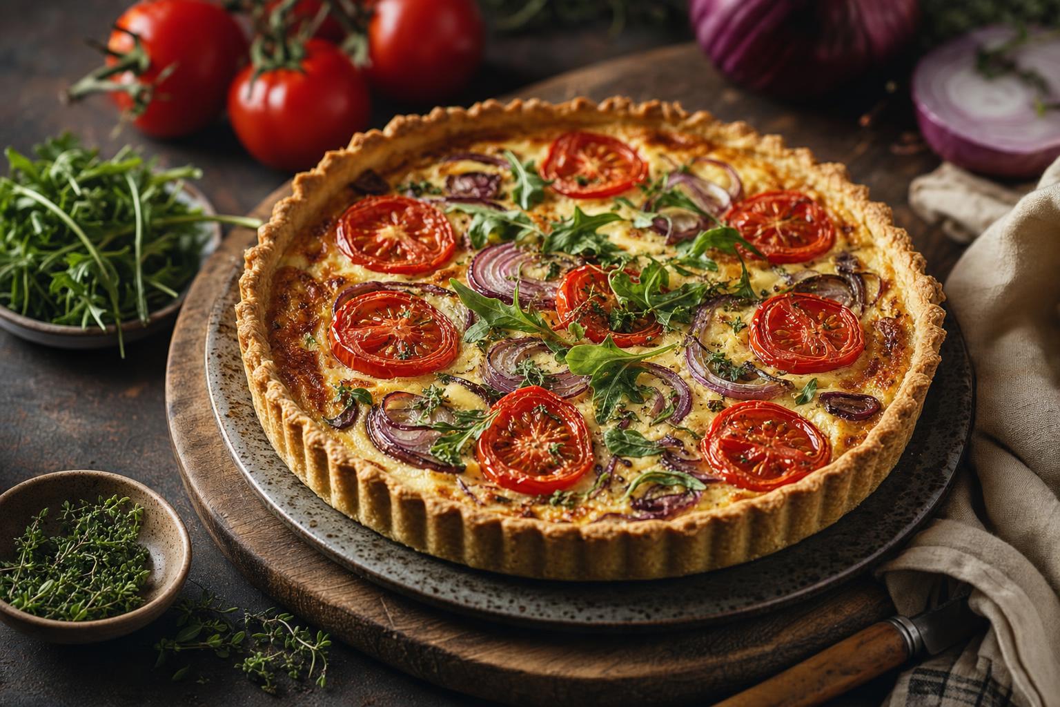 Frisch gebackene Quiche mit goldbrauner Kruste, Tomatenscheiben, Zwiebeln und Blattgrün auf Holzbrett, umgeben von frischem Gemüse.