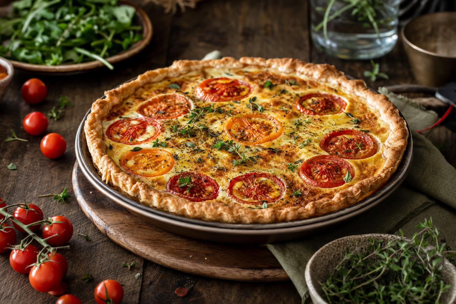 Frisch gebackene Quiche mit goldbrauner Kruste, belegt mit Tomatenscheiben und Kräutern, auf Holzbrett mit Tomaten und grünen Blättern.