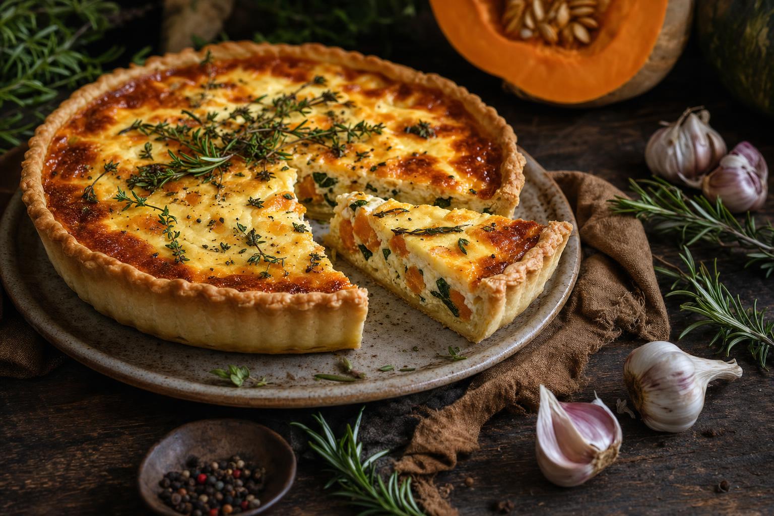 Frisch gebackene Quiche mit goldbrauner Kruste, angeschnitten, garniert mit Kräutern, umgeben von Kürbis, Knoblauch und Rosmarin.