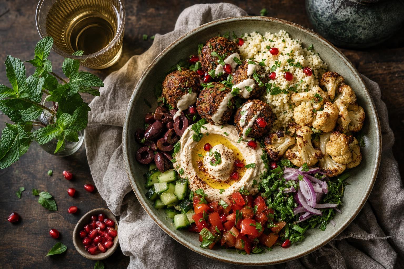 Levante Bowl – Große Schüssel mit Falafel, Couscous, geröstetem Blumenkohl, Hummus, Oliven, Gemüse, Granatapfelkernen und frischen Kräutern.