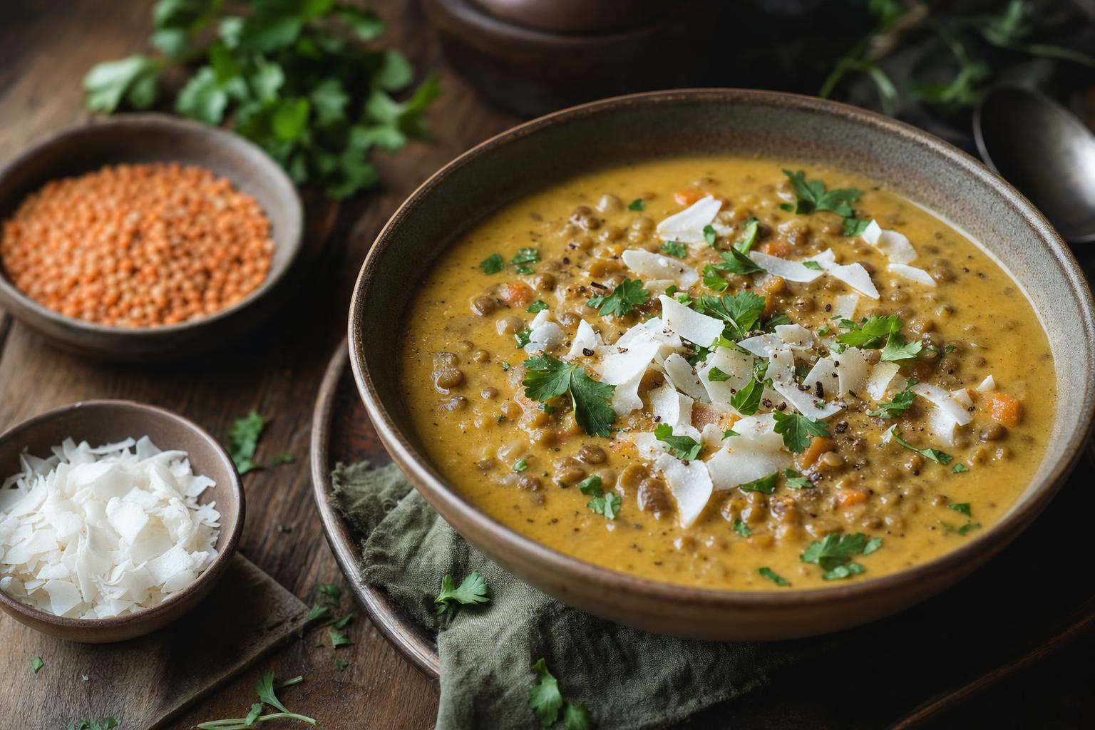 Cremige Linsensuppe in einer Schale, garniert mit frischen Kräutern und Kokosraspeln, daneben kleine Schalen mit Linsen und Kokosflocken.