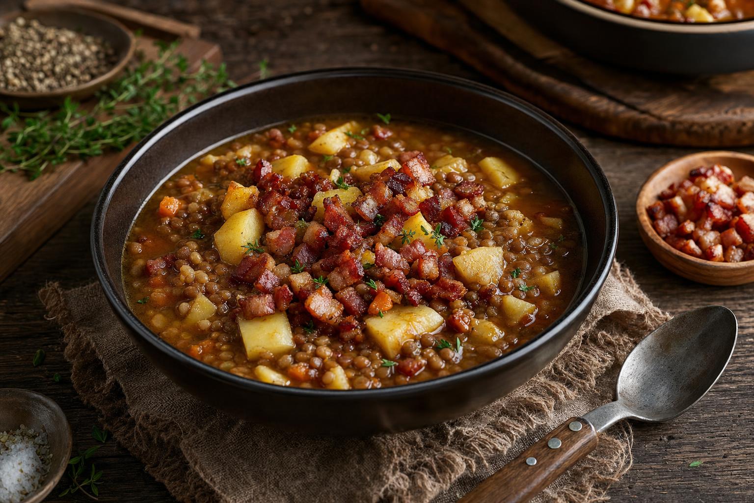 Kräftige Linsensuppe mit knusprigen Speckwürfeln und Kartoffelstücken in einer dunklen Schale auf rustikalem Holztisch serviert