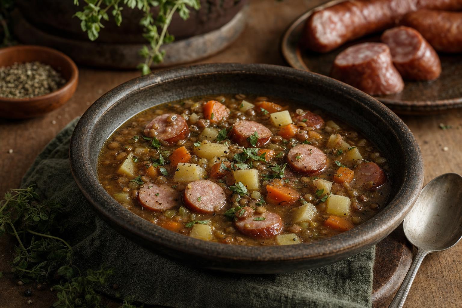 Kräftige Linsensuppe mit geschnittenen Würstchen, Kartoffel- und Karottenstücken in einem rustikalen Topf auf Holztisch serviert