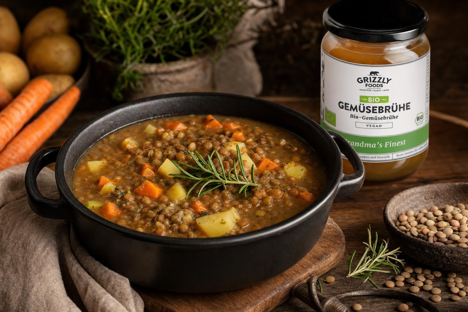 Kräftige Linsensuppe mit Kartoffel- und Karottenstücken, garniert mit Rosmarin, serviert in einem schwarzen Topf auf Holzbrett.
