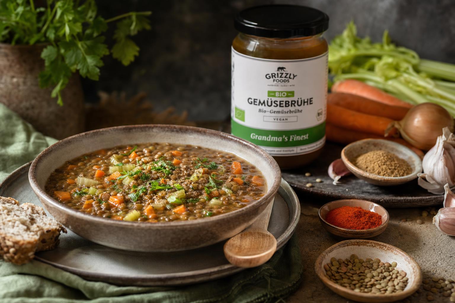 Teller mit brauner Linsensuppe, garniert mit frischen Kräutern, daneben geschnittenes Gemüse und Brot.