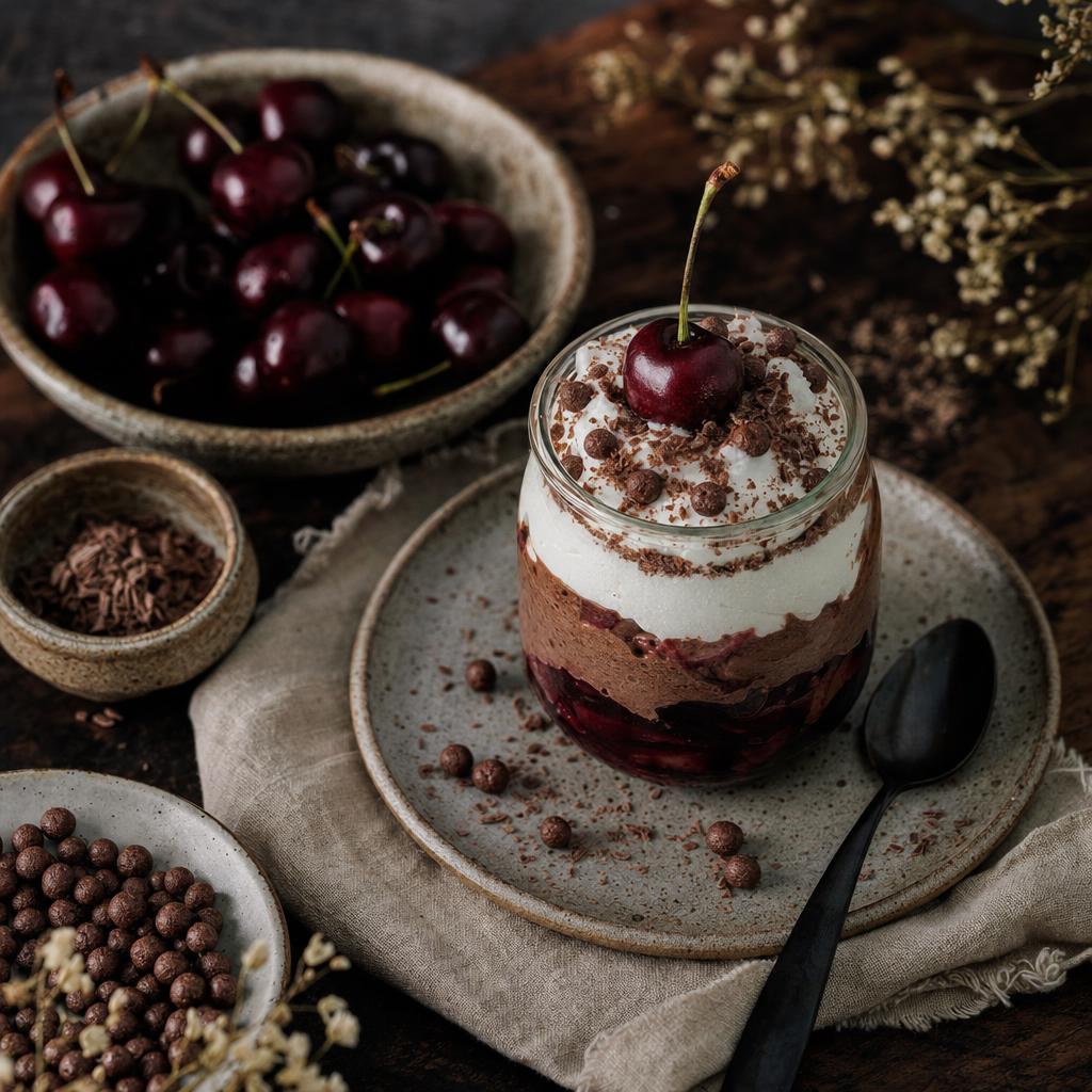 Schichtdessert im Glas mit Sahne, Schokostückchen, Kirsche und Schokoraspeln, von oben fotografiert, Hände halten das Glas.