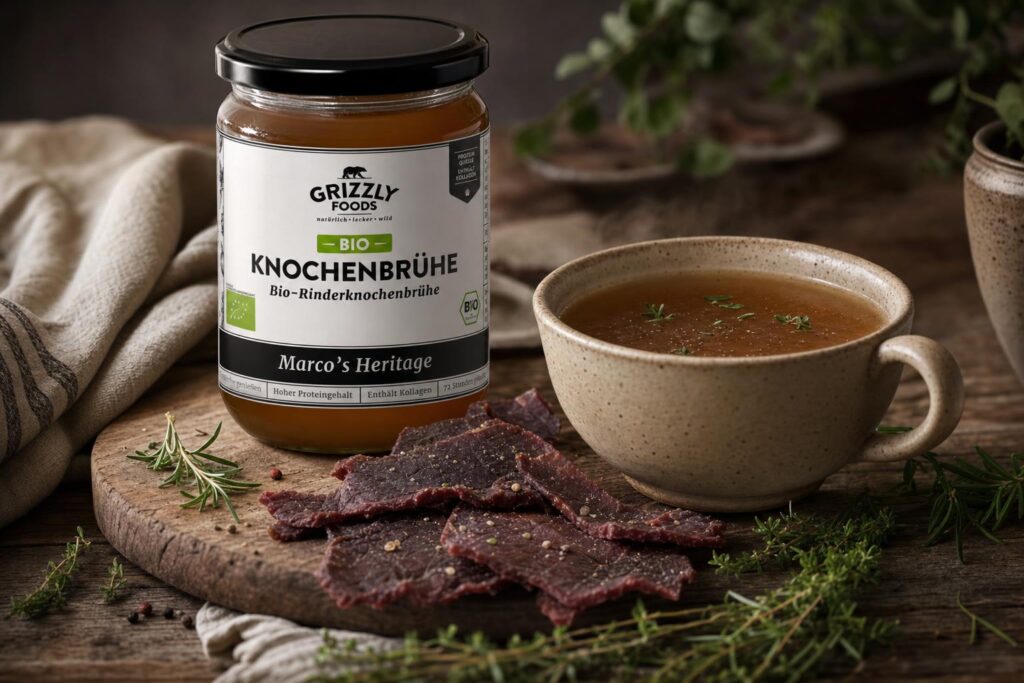 Auf einem Holztisch liegen Beef Jerky und eine Tasse heiße Knochenbrühe auf einem Brett, garniert mit frischen Kräutern.