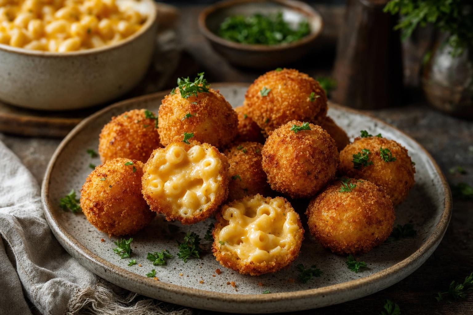 Goldbraune, knusprige Mac and Cheese Balls auf einem Teller, mit Petersilie garniert, cremige Käsefüllung sichtbar.