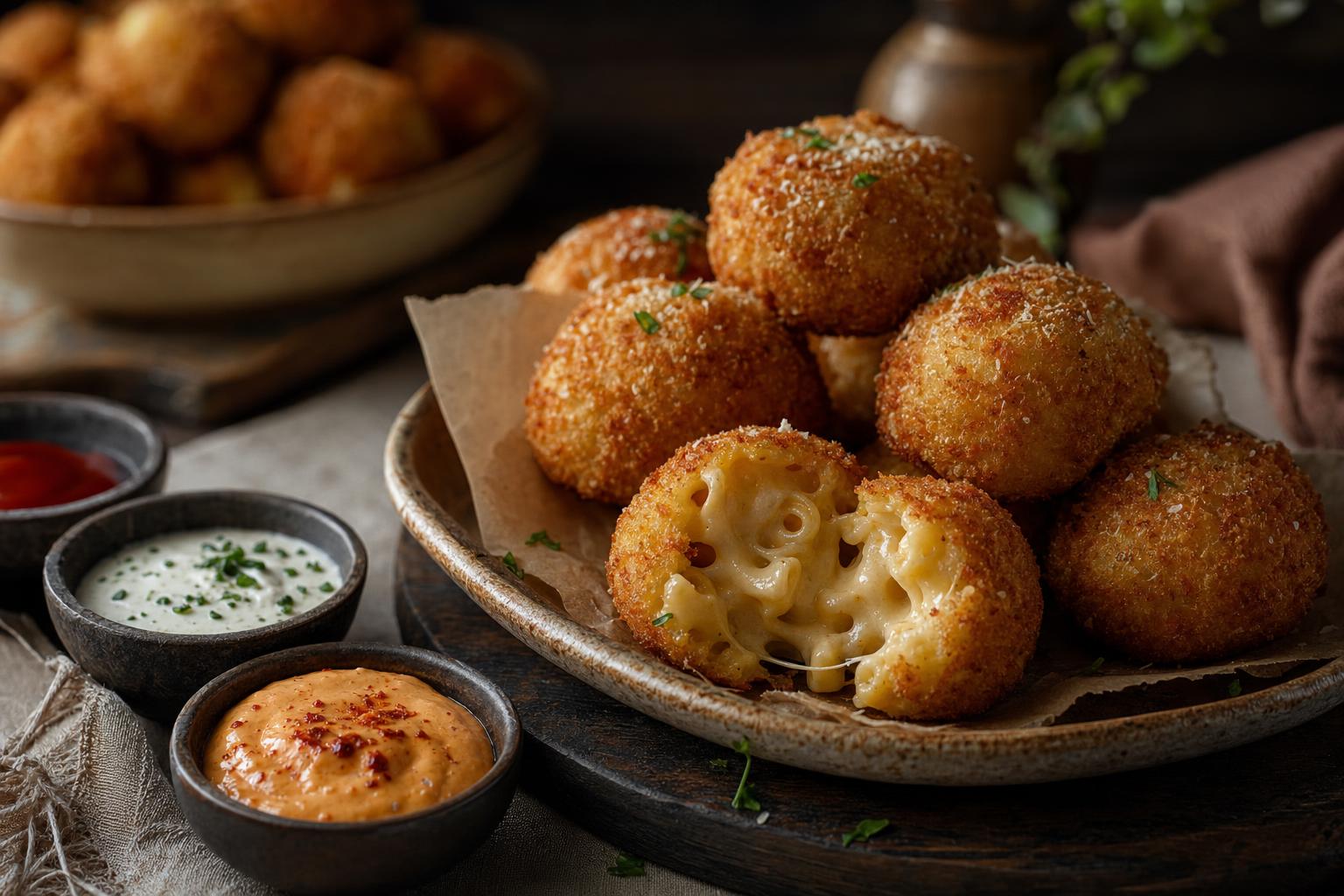 Knusprig goldbraune Mac n Cheese Balls auf einem Teller, eine Kugel aufgebrochen mit cremiger Käsefüllung, im Hintergrund weitere Bällchen.