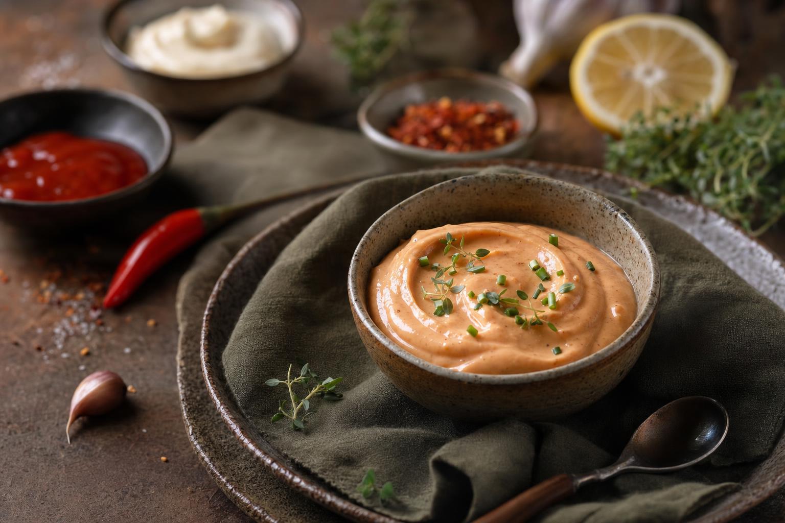 Schale mit cremiger Sriracha-Mayonnaise, garniert mit frischen Kräutern, auf einem Teller mit Stoffserviette, im Hintergrund Zutaten.