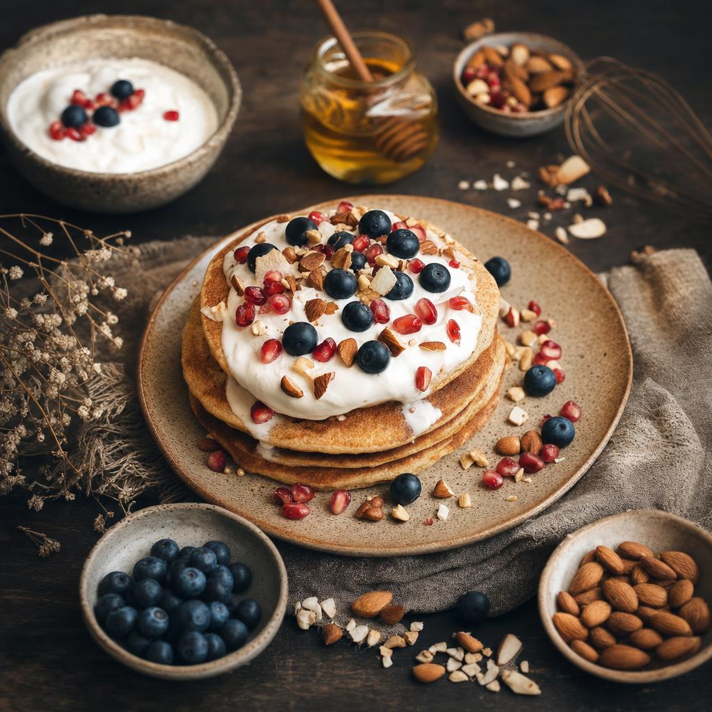 Goldbraune Pancakes mit weißer Creme, Blaubeeren, Granatapfelkernen und Nüssen auf einem Teller, umgeben von Zutaten und herbstlicher Deko