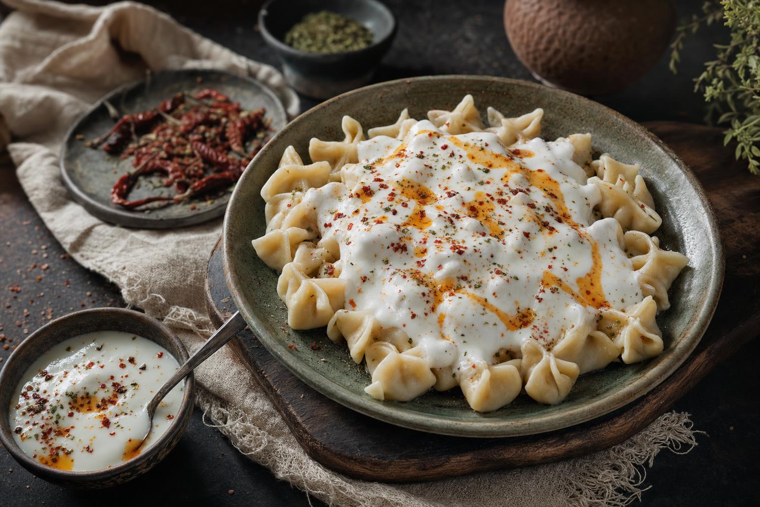 Kleine türkische Manti-Teigtaschen auf einem Teller, serviert mit Joghurtsoße, roten Gewürzen und Kräutern, daneben eine Schale Soße.