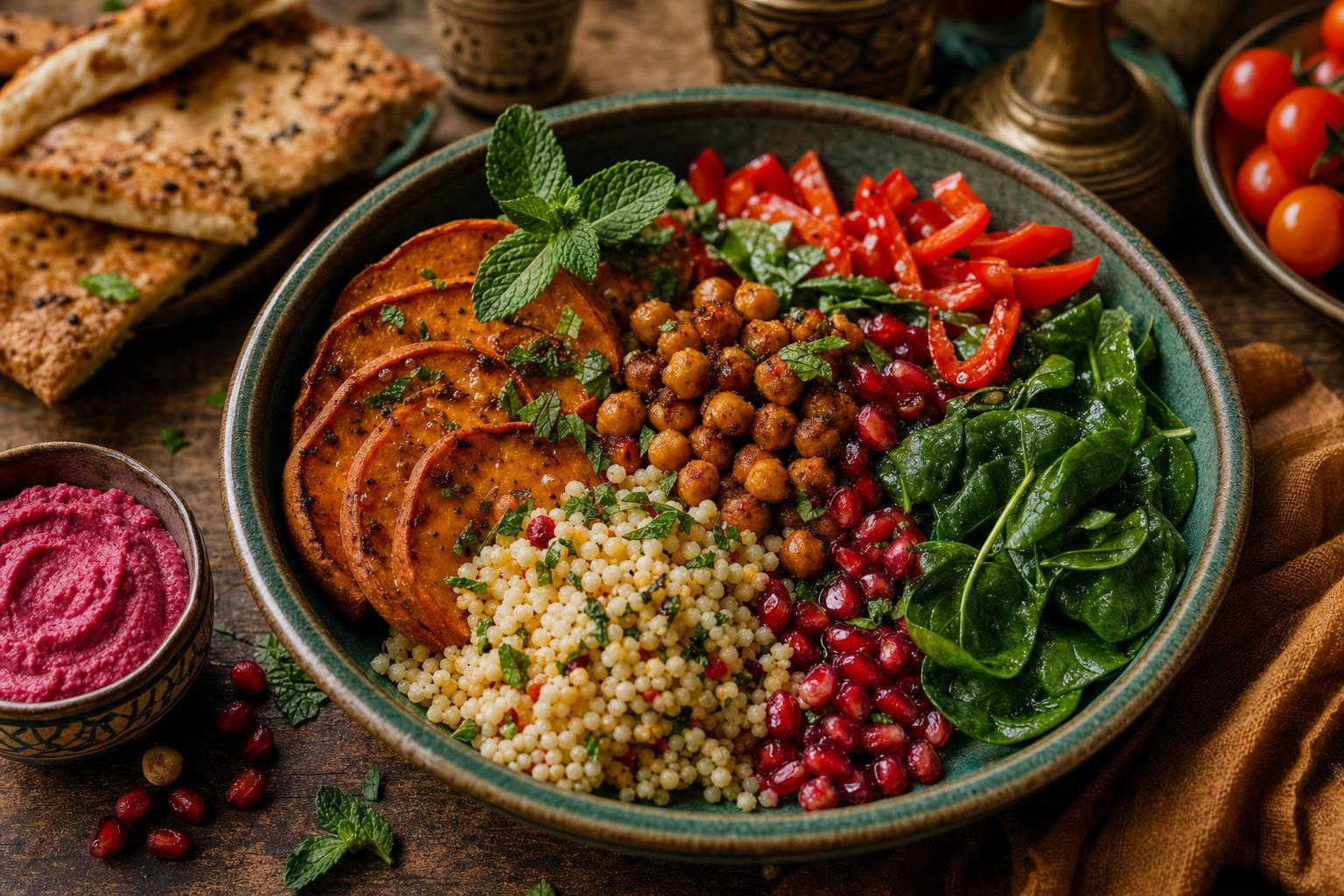 Bunte Bowl mit Kichererbsen, gegrillter Süßkartoffel, Couscous, Spinat, Paprika, Granatapfelkernen und Minze auf Holztisch.