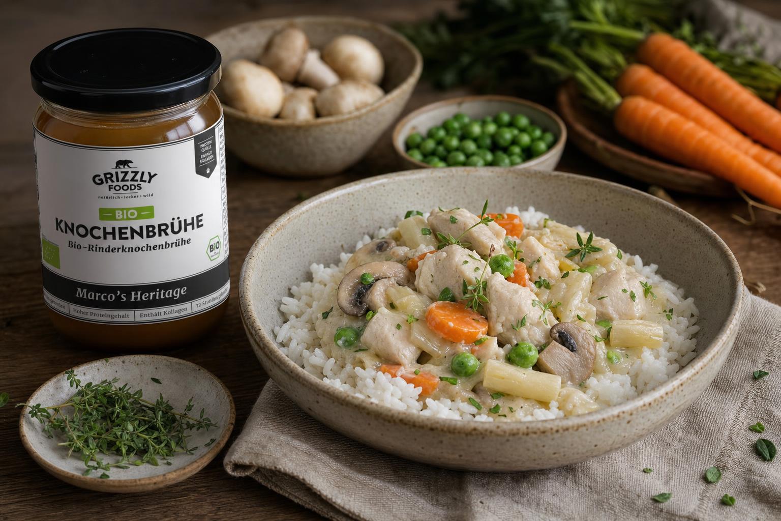 Hühnerfrikassee mit zarten Hähnchenstücken, Erbsen und Karotten in cremiger Sauce auf Reis, serviert in einer Schale