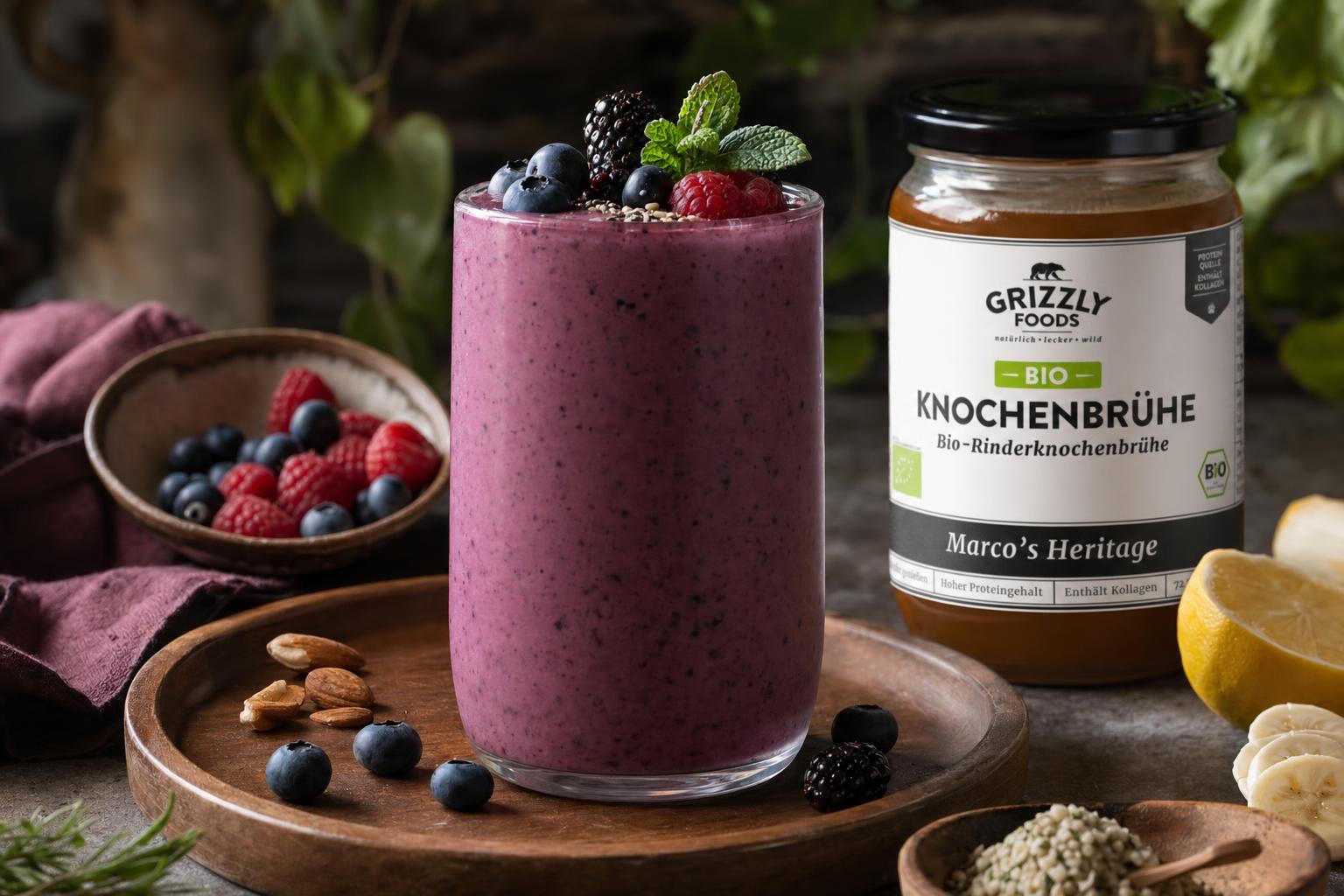 Beeriger Smoothie im hohen Glas, garniert mit frischen Beeren, Bananenscheiben und Minze, umgeben von Nüssen, Zitrone und Bone Broth.