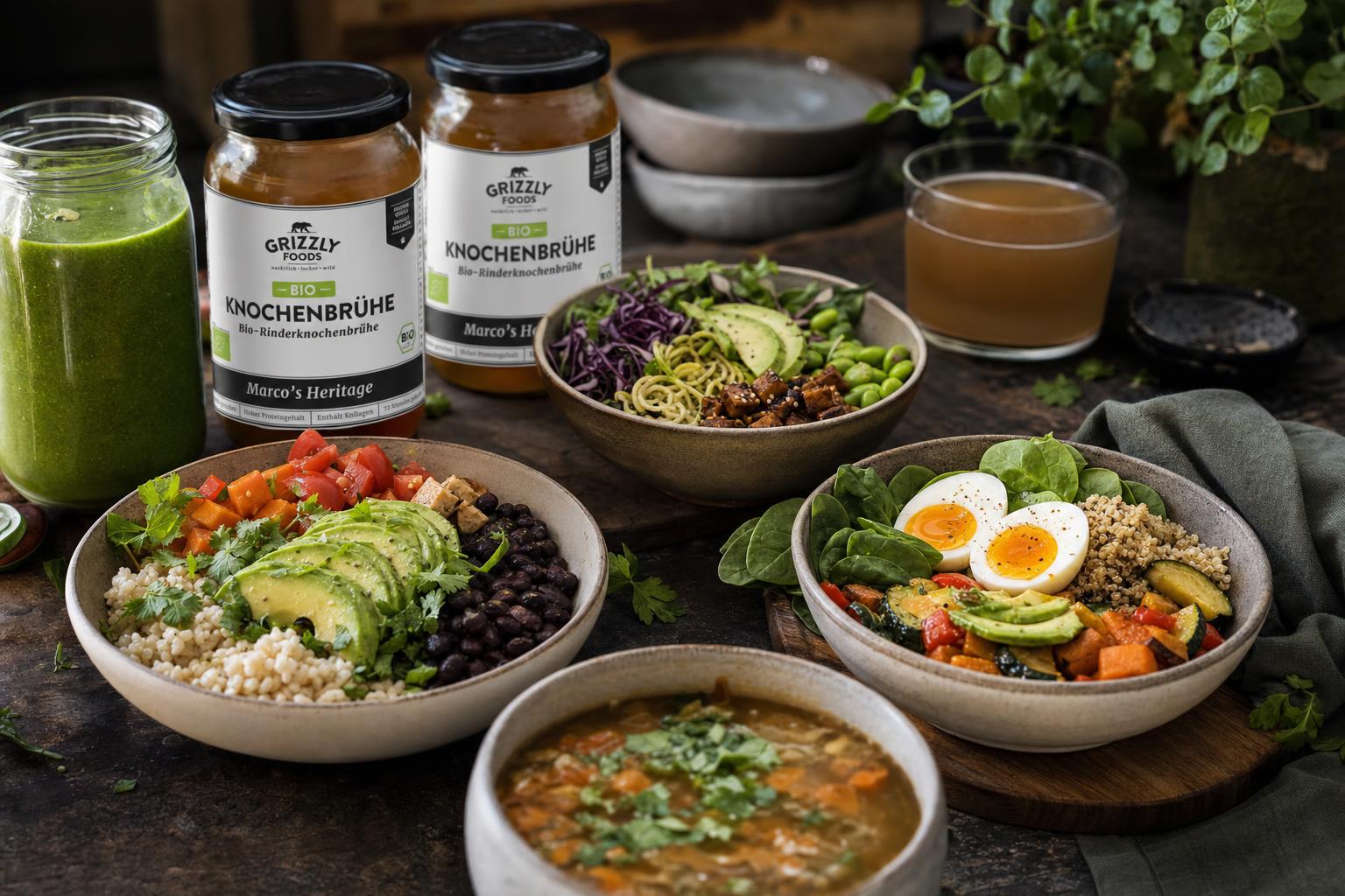 Mehrere Schalen mit bunten Meal-Prep-Gerichten aus Getreide, Gemüse, Eiern und Avocado, dazu Gläser mit Knochenbrühe im Hintergrund.