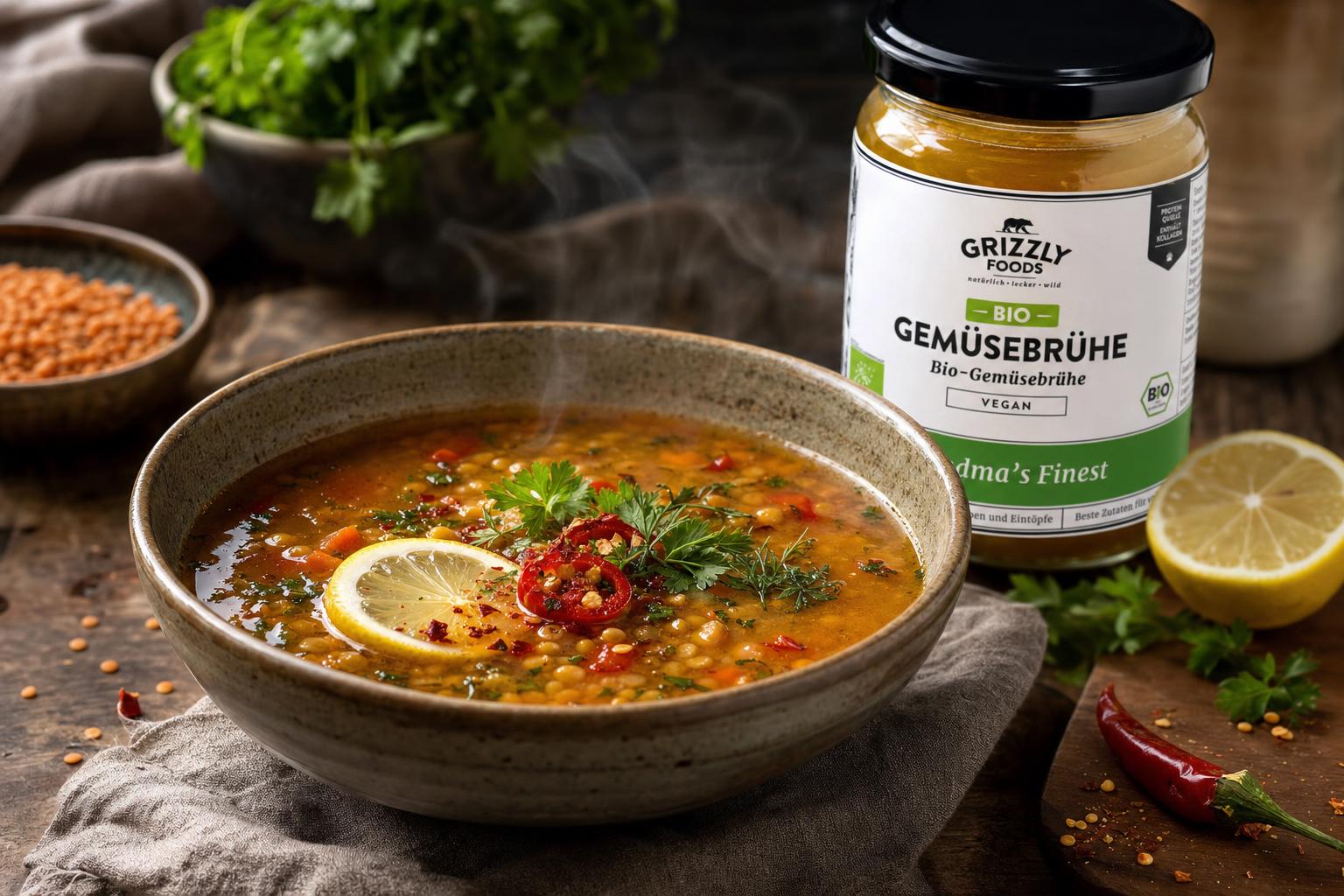 Rustikale Schale mit roter Linsen-Gemüsebrühe, garniert mit Zitronenscheibe, Chili und frischen Kräutern, dampfend serviert.