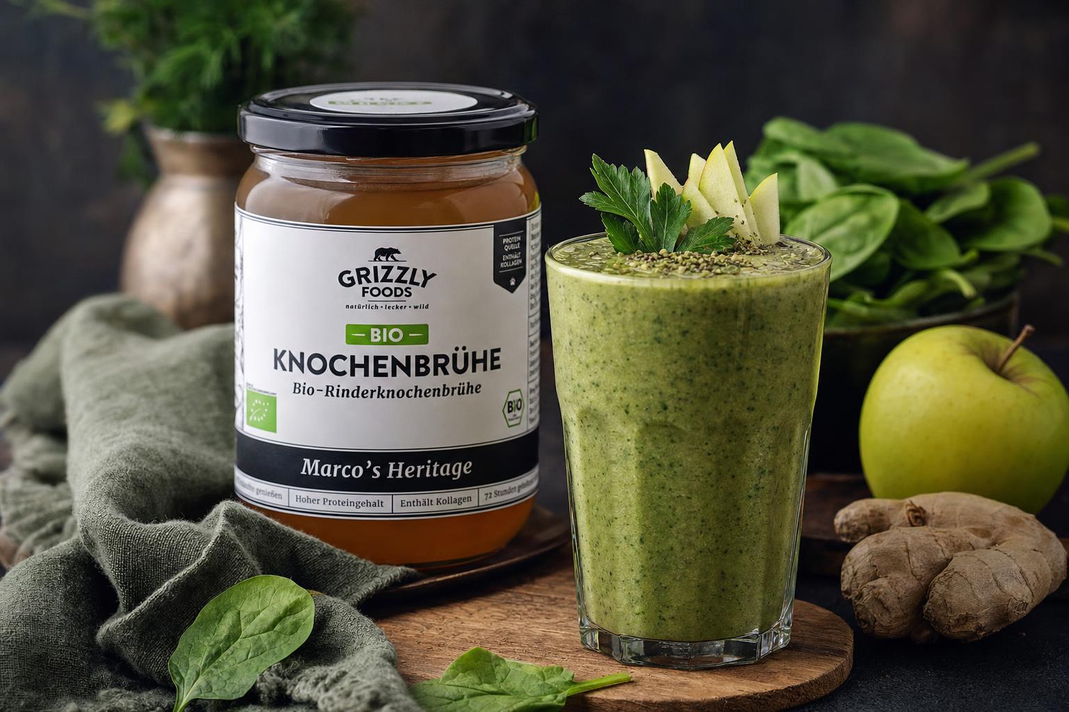 Glas mit grünem Smoothie, garniert mit Kräutern, daneben frisches Gemüse und eine kleine Schale Brühe auf hellem Untergrund.