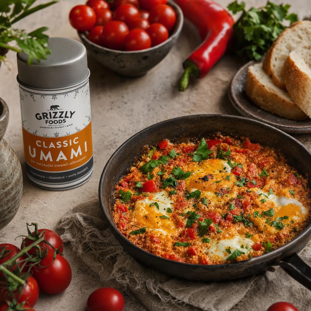 Pfanne mit Menemen, garniert mit Kräutern und Cherrytomaten, daneben frische Tomaten, Paprika und Baguettescheiben auf Holz.