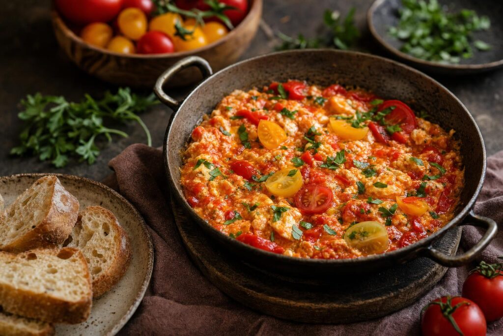Menemen in einer gusseisernen Pfanne, garniert mit Kräutern und Tomatenscheiben, dazu frisches Brot und bunte Tomaten auf Holzbrett.