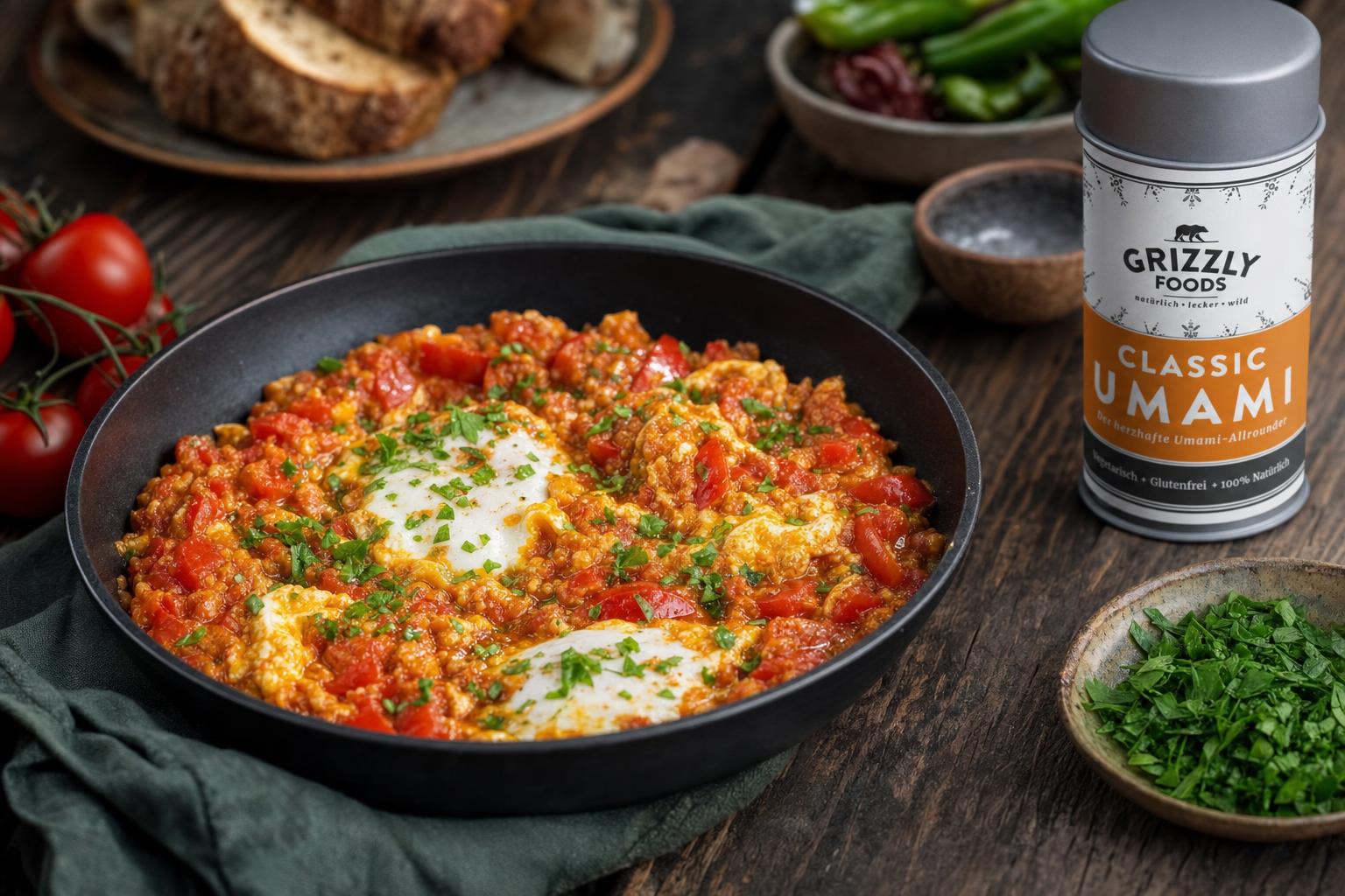 Pfannengericht mit gestockten Eiern, Tomaten, Paprika und Zwiebeln, serviert in einer kleinen Pfanne, garniert mit frischen Kräutern.