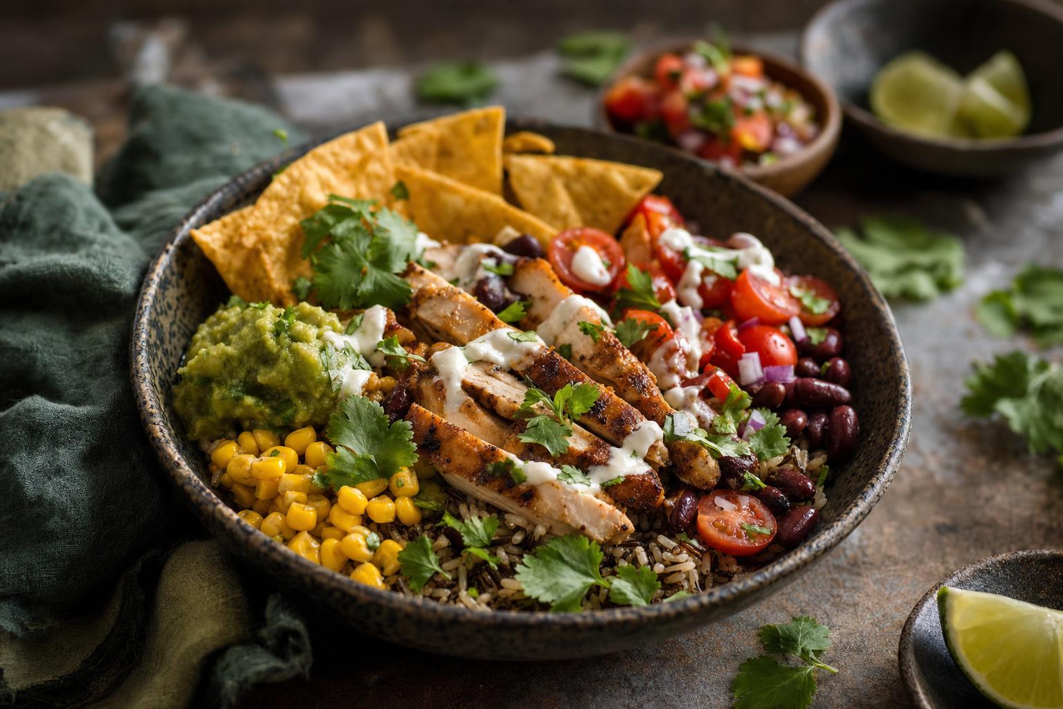 Bunte Burrito Bowl mit gegrilltem Hähnchen, Wildreis, Mais, Kidneybohnen, Guacamole, Tomaten, Tortillachips und frischen Kräutern.