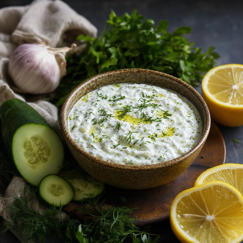 Kleine Schale mit cremigem Tzatziki, garniert mit Petersilie und Olivenöl, daneben Gurke, Zitrone, Knoblauch und frische Kräuter.