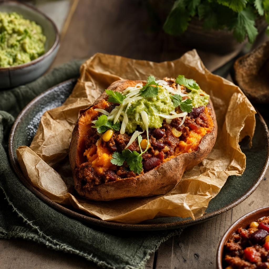 Gebackene Süßkartoffel gefüllt mit Chili con Carne, Guacamole, Käse und frischen Kräutern, in braunes Papier gewickelt, in Händen gehalten.