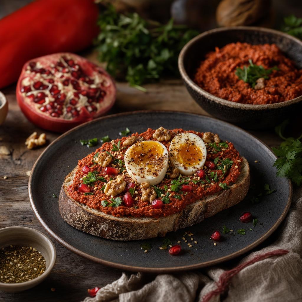Scheibe Brot mit Muhammara, halbiertem Ei, Granatapfelkernen, Walnüssen, Petersilie, Za’atar und Sesam auf dunklem Brett, daneben frische Zu