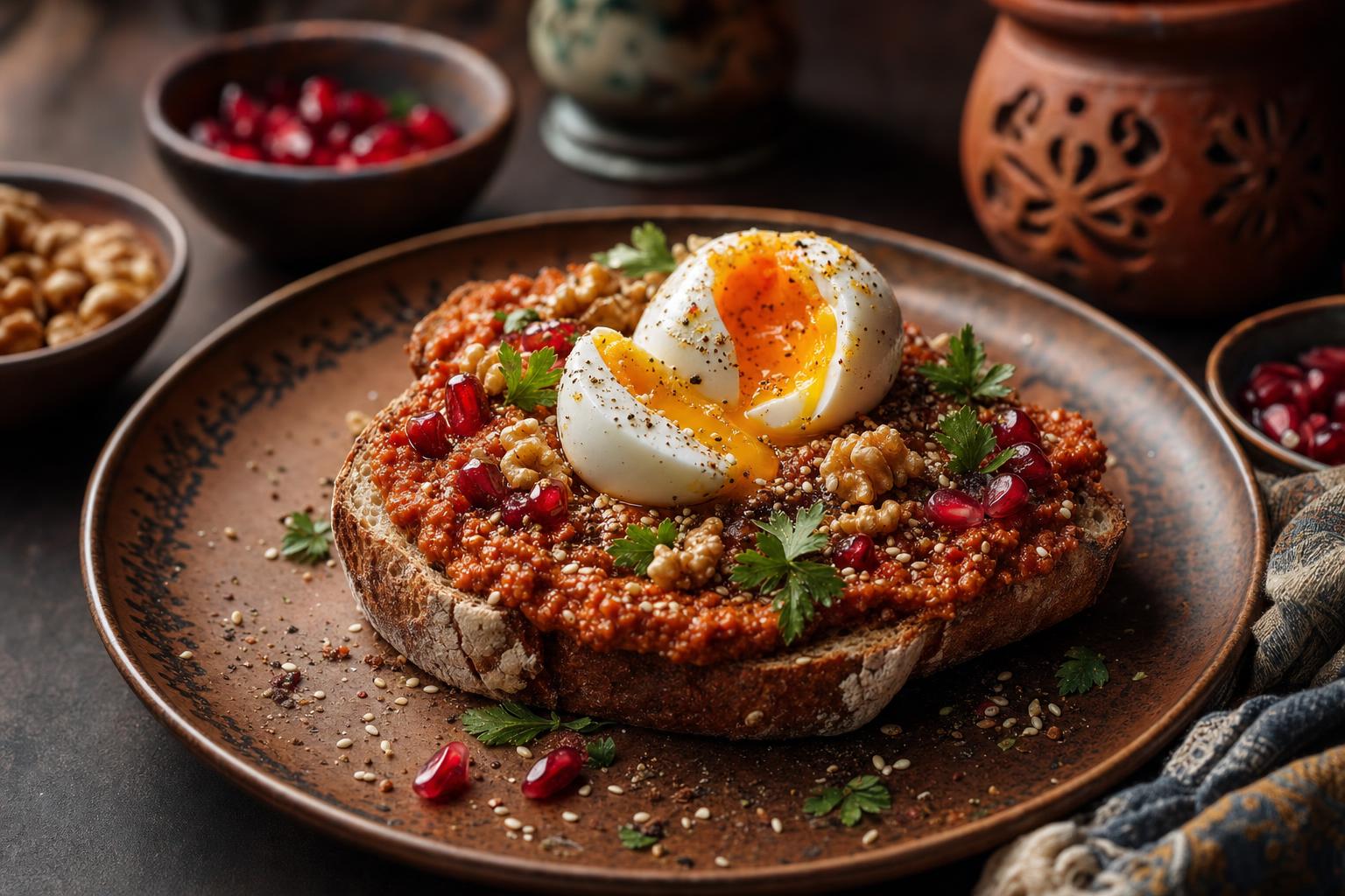 Scheibe Brot mit rotem Muhammara-Aufstrich, Granatapfelkernen, Walnüssen, Sesam, Za’atar, halbiertem Ei und Petersilie garniert.