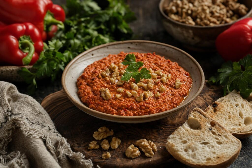 Rotes Muhammara im Glas, garniert mit Walnüssen und Petersilie, umgeben von Paprika, Walnüssen, Brot und frischer Petersilie.