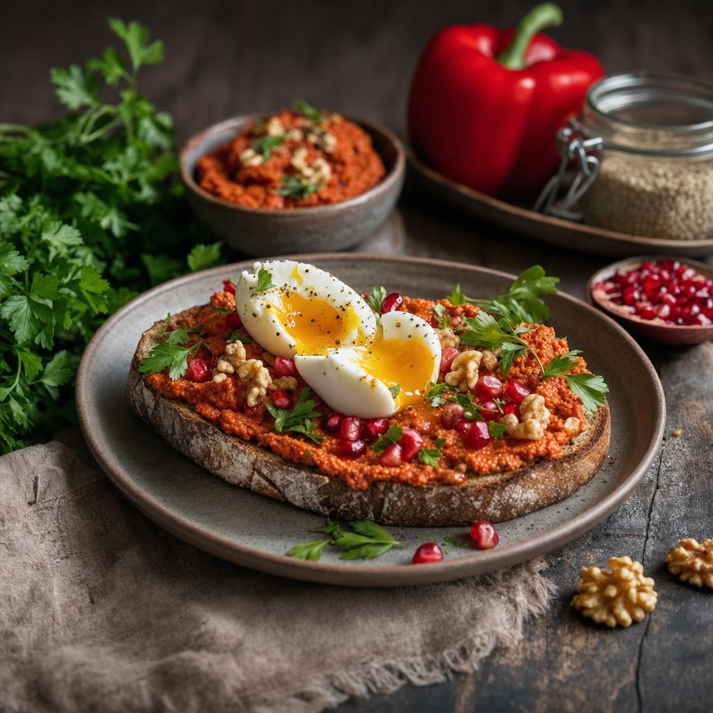 Scheibe Brot mit Muhammara, halbiertem Ei, Granatapfelkernen, Walnüssen und Kräutern auf dunklem Brett, daneben frische Zutaten.
