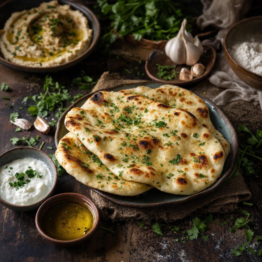 Mehrere Stücke Naan Brot mit Kräutern auf einem Teller, dazu Joghurt, Öl, Petersilie, Knoblauch, Mehl und Dip auf Holztisch.