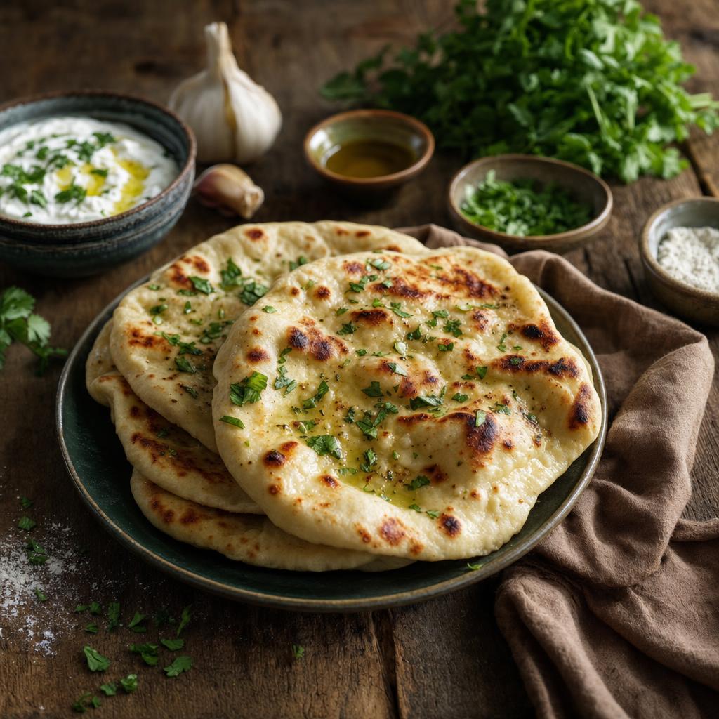 Frisch gebackenes Naan-Brot wird von Händen auseinandergerissen, umgeben von Kräutern, Joghurt, Knoblauch und weiteren Zutaten auf Holztisch