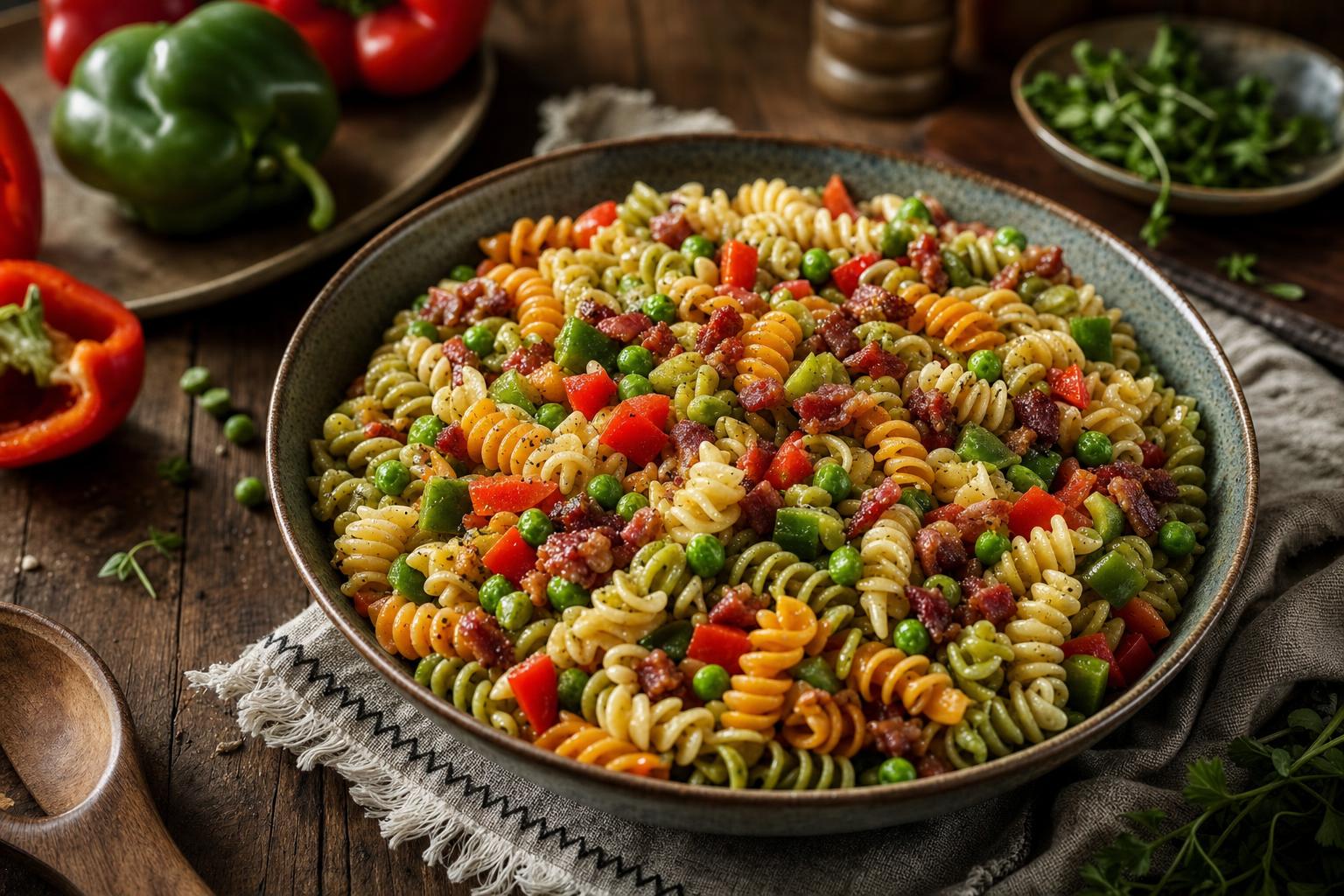 Bunte Spiralnudeln mit Erbsen, Paprika und knusprigen Speckwürfeln in einer Schüssel auf Holztisch, dekoriert mit frischen Paprika.