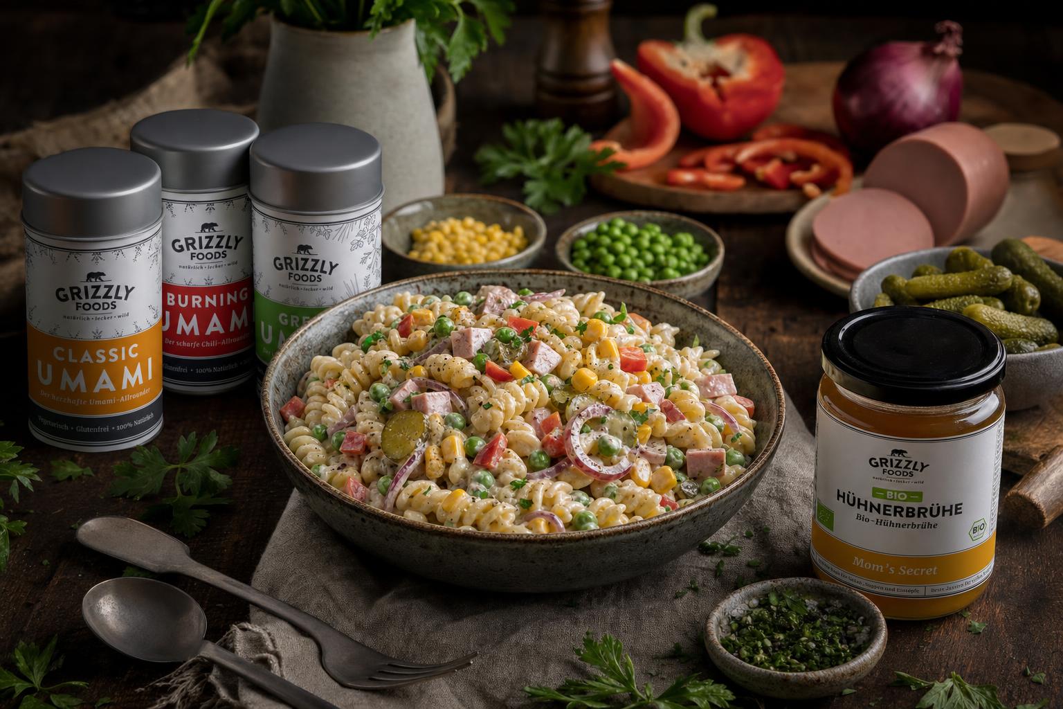Bunter Nudelsalat mit Erbsen, Mais, Paprika, roten Zwiebeln, Fleischwurst und Gewürzgurken in cremigem Joghurt-Mayonnaise-Dressing