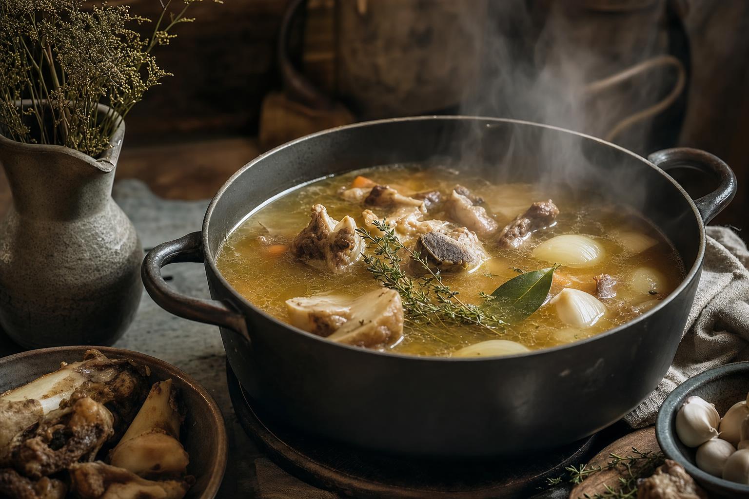 One Pot Bone Broth – Ein Topf mit goldener Knochenbrühe köchelt dampfend auf dem Herd in einer rustikalen Küche.
